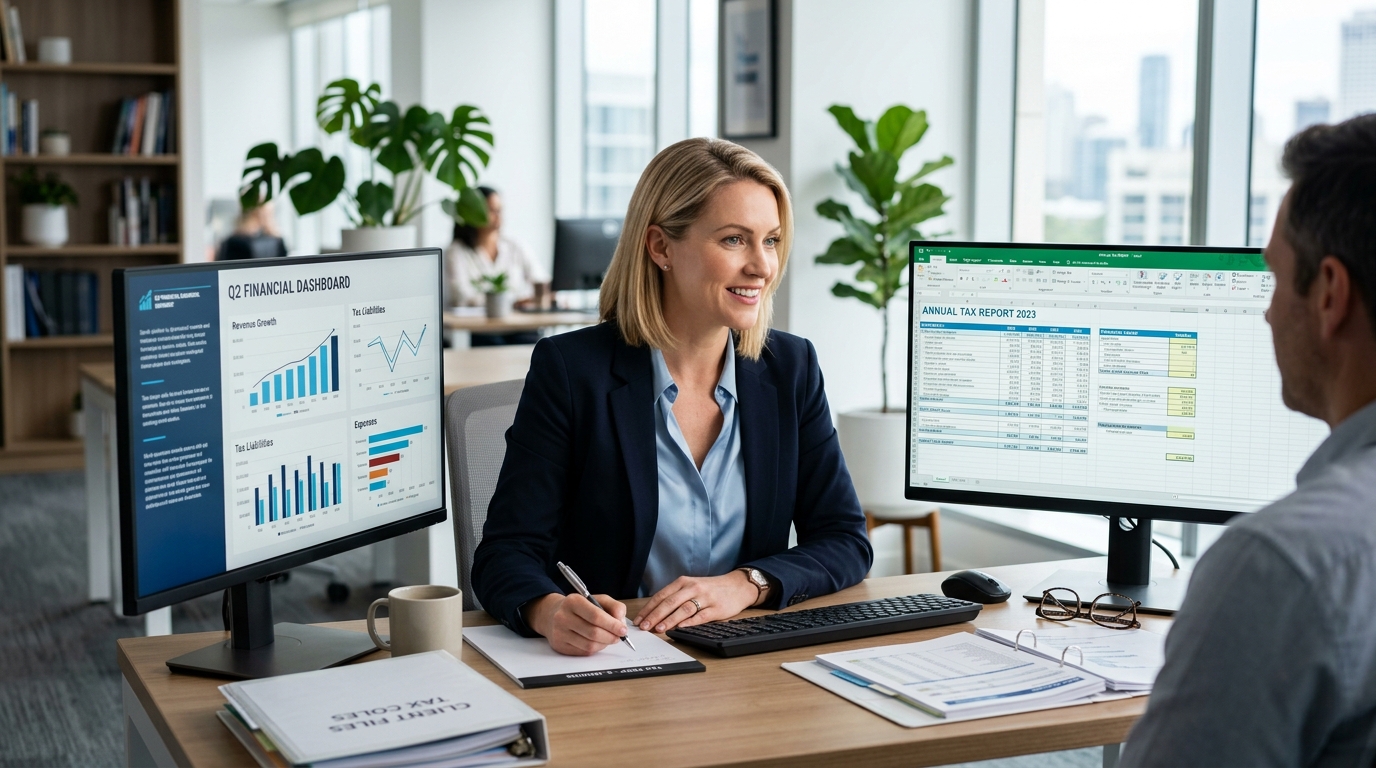 Asesora fiscal y contable revisando informes en pantalla